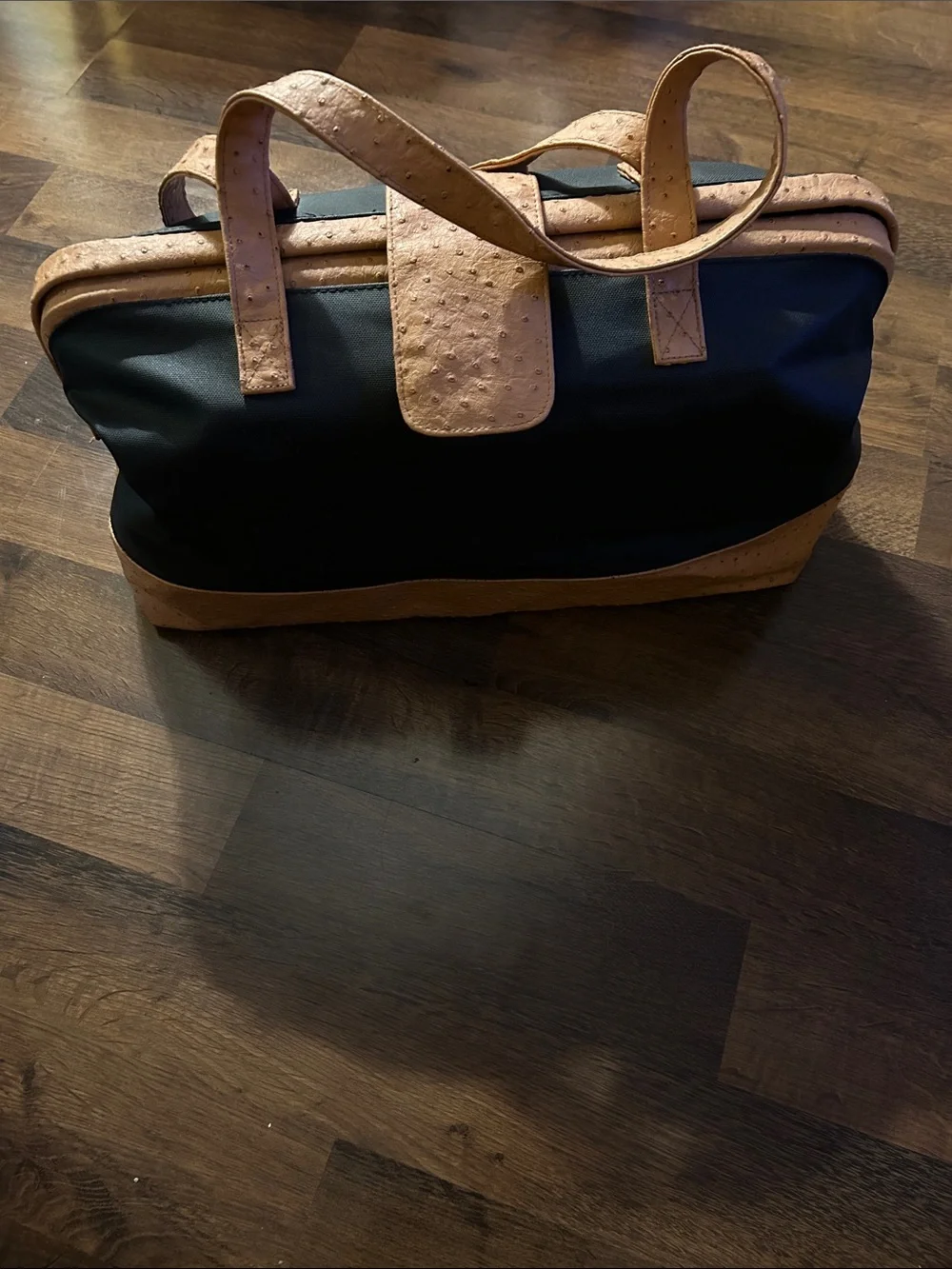 Men's Black Tote Bag with Tan Trim. Length 19 inches. Height 13 inches.